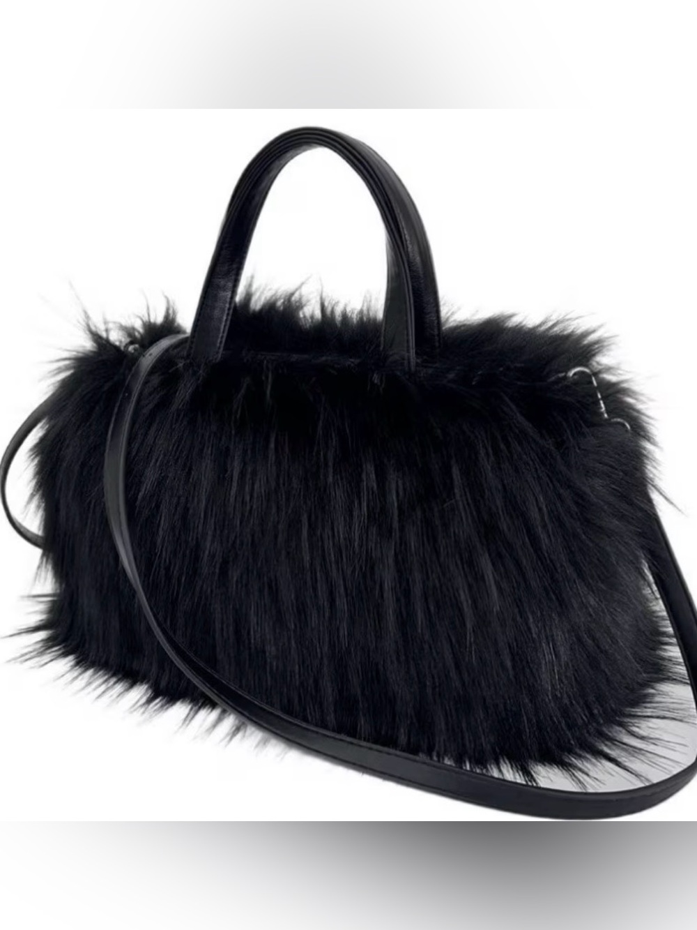 Black Faux Fur Shoulder Bag with Top Handles